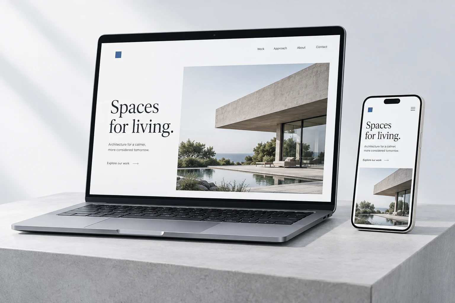 Responsive architecture website concept displayed on a laptop and phone