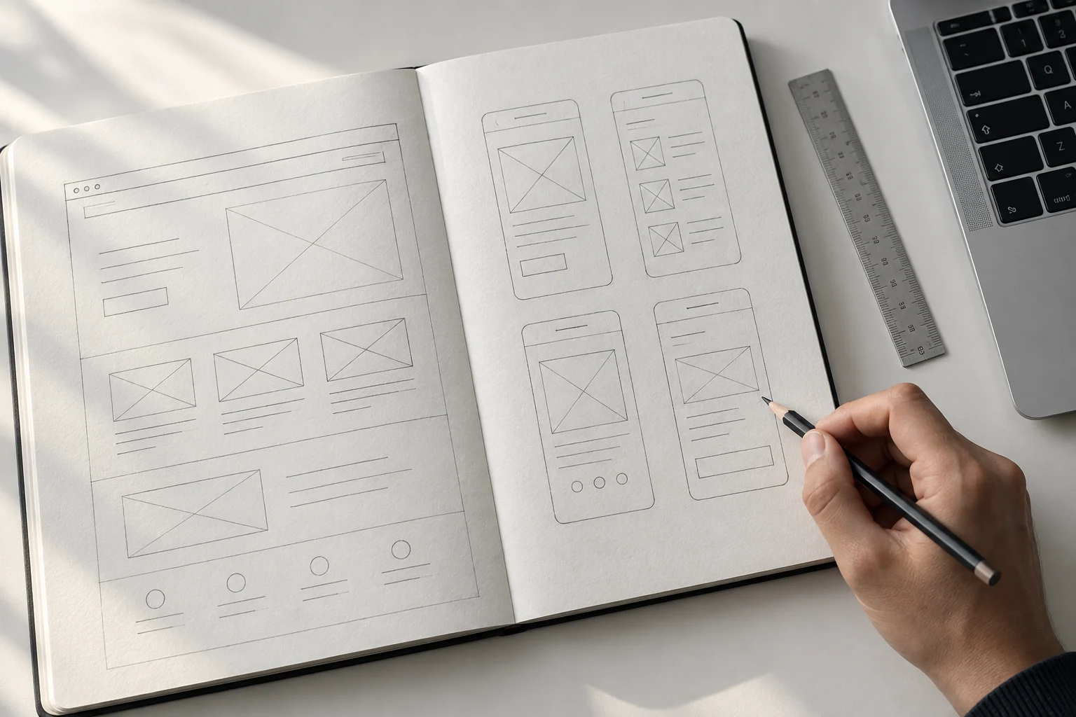 Illustrative photograph of website and mobile wireframes being planned in a sketchbook